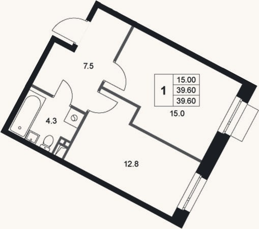 Планировка: 1-к, 39,6 м²