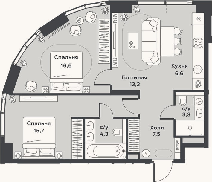 Планировка: 3-к, 67,3 м²