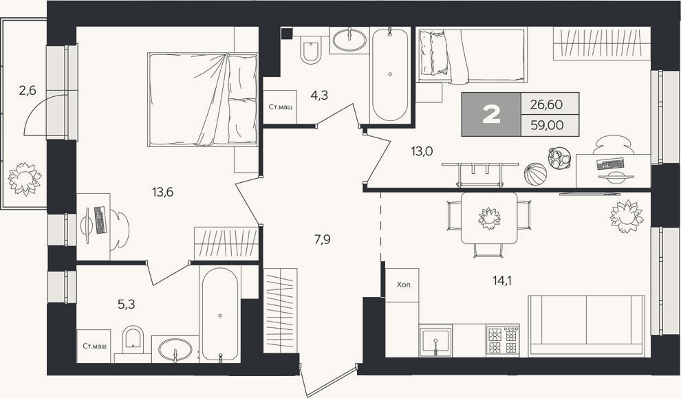Планировка: 2-к, 58,2 м²