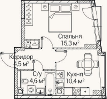Планировка: 1-к, 34,8 м²