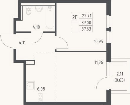 Планировка: 2-к, 37 м²