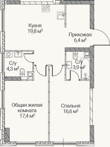 Планировка: 2-к, 68,4 м²