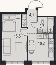Планировка: 1-к, 33,5 м²