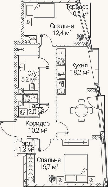Планировка: 2-к, 66 м²