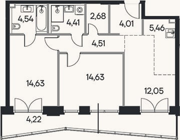 Планировка: 3-к, 68,6 м²