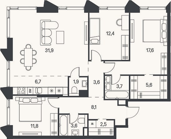 Планировка: 4+ к, 109,4 м²
