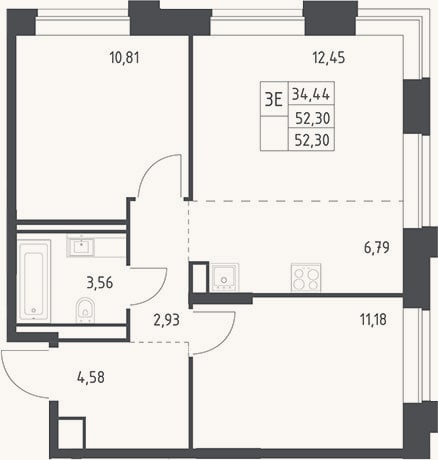 Планировка: 3-к, 52,3 м²