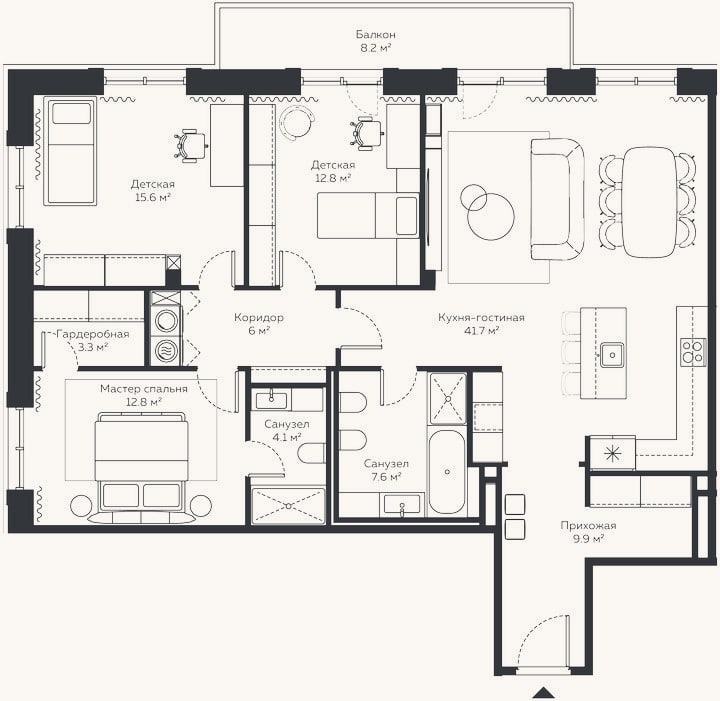 Планировка: 4+ к, 125,1 м²
