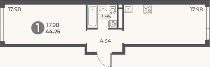 Планировка: 1-к, 44,3 м²