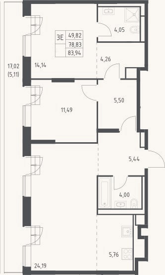 Планировка: 3-к, 78,8 м²