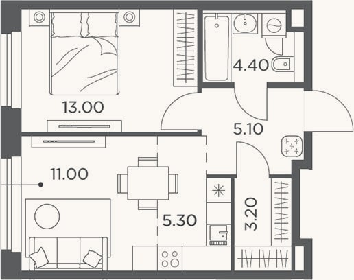 Планировка: 2-к, 42 м²