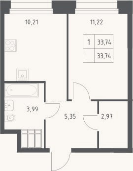 Планировка: 1-к, 33,7 м²