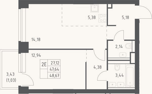 Планировка: 2-к, 47,6 м²