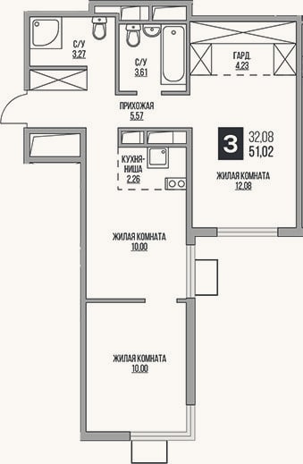 Планировка: 3-к, 51 м²