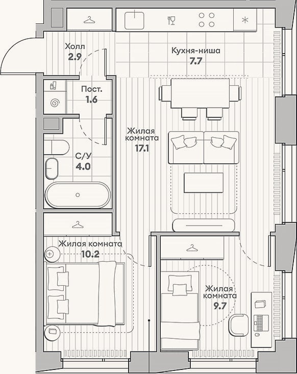 Планировка: 3-к, 53,2 м²