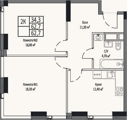 Планировка: 2-к, 62,7 м²