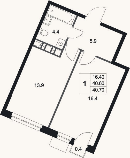 Планировка: 1-к, 40,6 м²