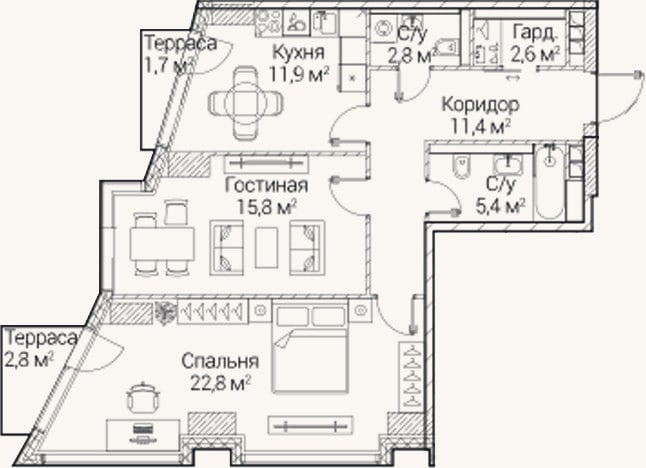 Планировка: 2-к, 68,9 м²