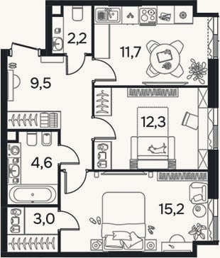 Планировка: 2-к, 58,4 м²