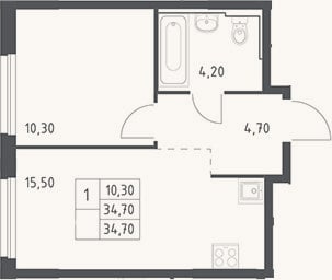 Планировка: 2-к, 34,7 м²