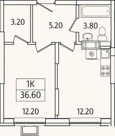 Планировка: 1-к, 36,6 м²