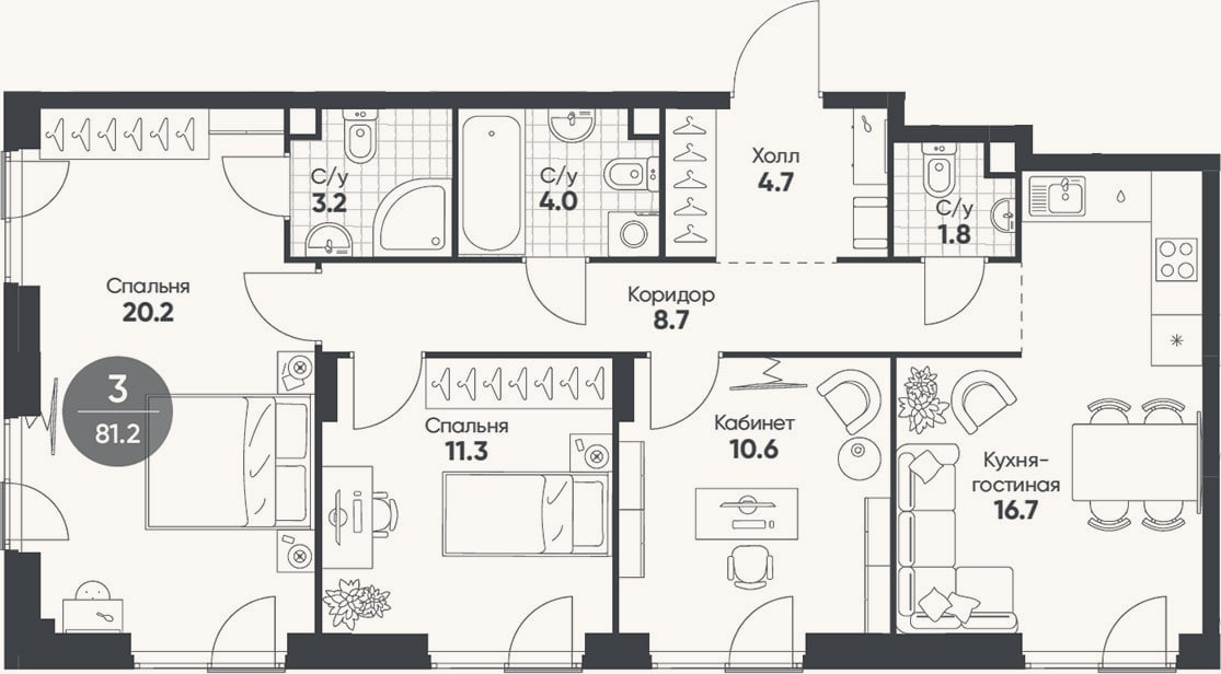 Планировка: 4+ к, 81,2 м²