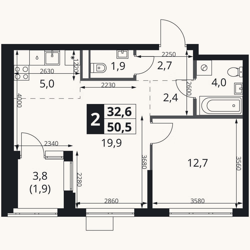 Планировка: 2-к, 48,6 м²