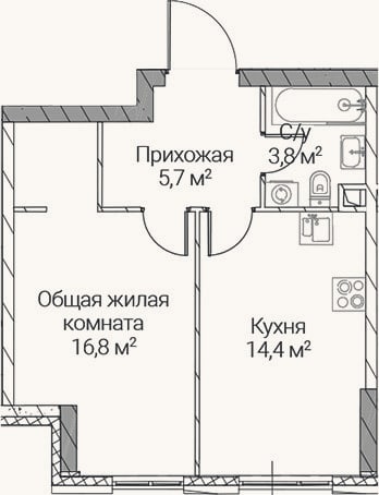 Планировка: 1-к, 40,7 м²