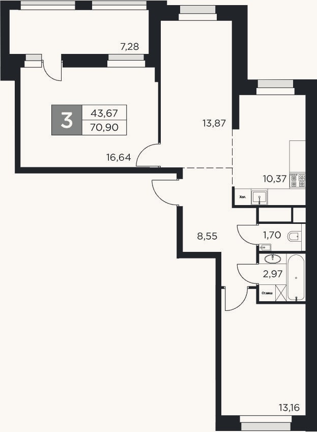 Планировка: 3-к, 67,3 м²