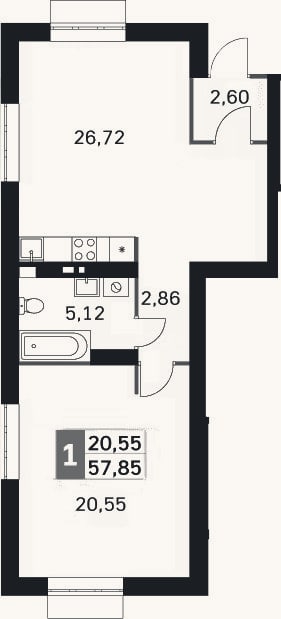 Планировка: 2-к, 57,9 м²