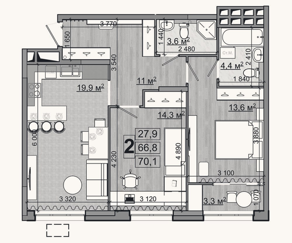 Планировка: 3-к, 66,8 м²