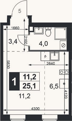 Планировка: Студия, 25,1 м²