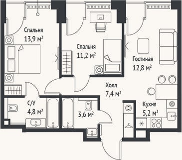 Планировка: 3-к, 58,8 м²