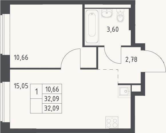 Планировка: 2-к, 32,1 м²