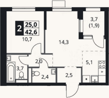 Планировка: 2-к, 40,7 м²