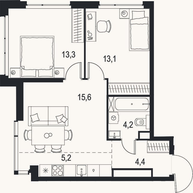 Планировка: 3-к, 55,8 м²