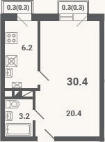 Планировка: 1-к, 29,8 м²