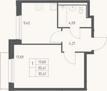 Планировка: 1-к, 35,4 м²
