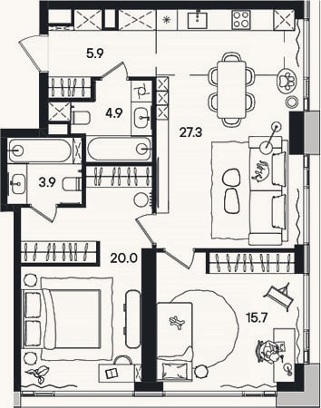 Планировка: 3-к, 77,7 м²