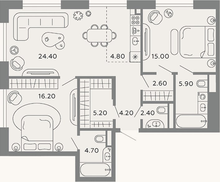 Планировка: 3-к, 85,4 м²