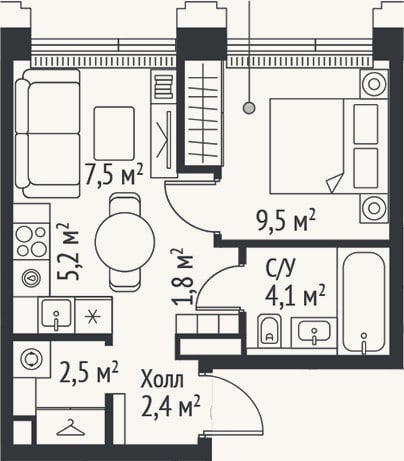 Планировка: 2-к, 33 м²