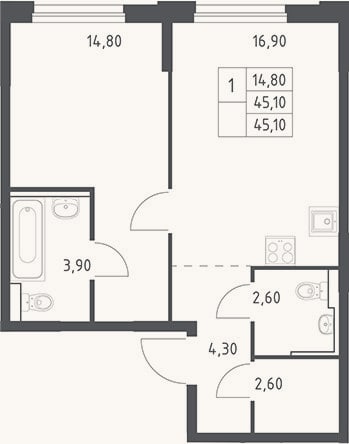 Планировка: 2-к, 45,1 м²