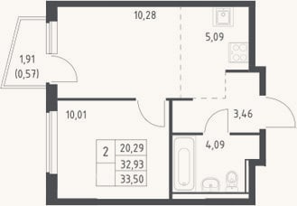 Планировка: 2-к, 32,9 м²