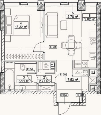 Планировка: 2-к, 48,3 м²