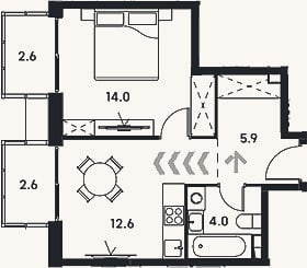 Планировка: 1-к, 36,5 м²