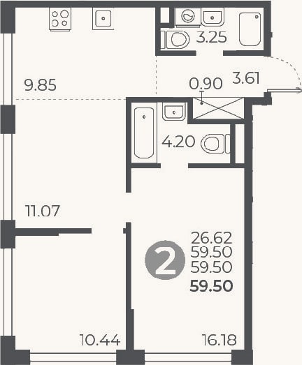 Планировка: 2-к, 59,5 м²