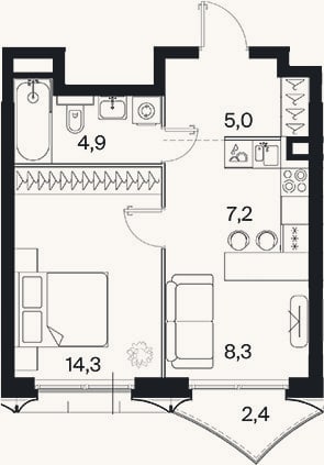 Планировка: 2-к, 39,7 м²