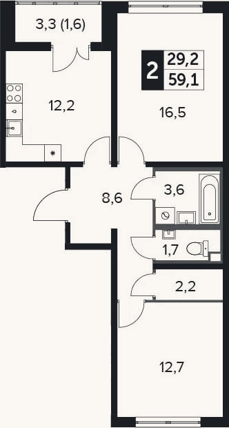 Планировка: 2-к, 58,5 м²
