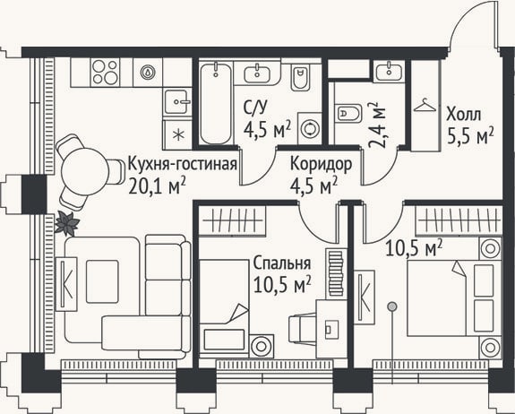 Планировка: 3-к, 58 м²