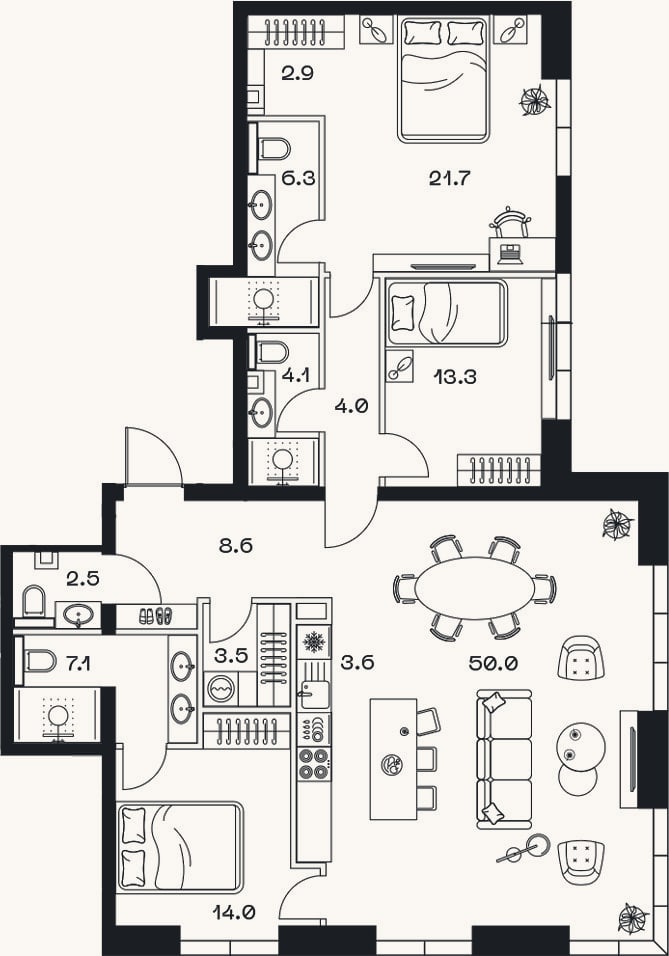 Планировка: 4+ к, 141,8 м²